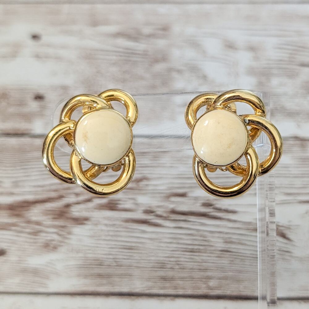 Vintage Clip On Earrings Fancy Cream & Gold Tone - Some Marks
